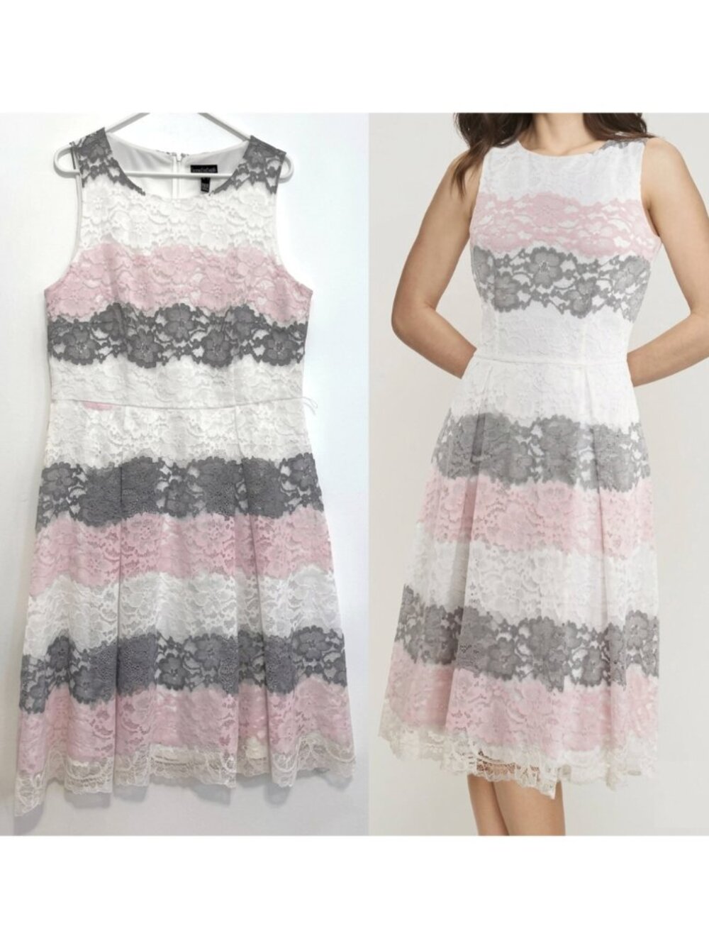 LONG TALL SALLY Striped Lace A-Line Dress White Gray Light Pink Sleeveless Midi
